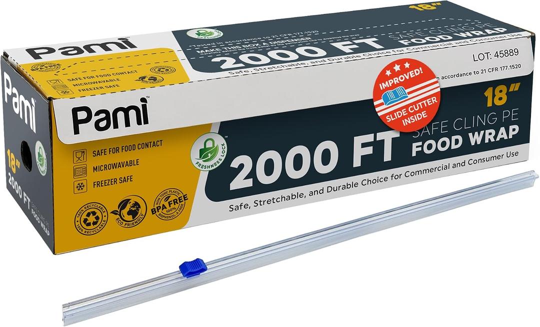 PAMI Plastic Food Wrap 18 x 2000 FT with Slide Cutter Safe Cling Stretch Film, BPA Free, Microwave & Freezer Safe, Durable Food Storage Wrap for Home & Commercial Use