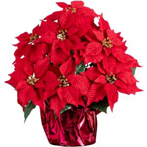 Nearly Natural 19in. Artificial Lush Poinsettia Arrangement in Red Wrapped Planter