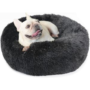 Black Dog Bed for Small Dogs Washble Calming 23 Inch Fluffy Plush Black Dog Bed Round Donut Machine Washable Small Pet Bed (23SmallPack of 1)