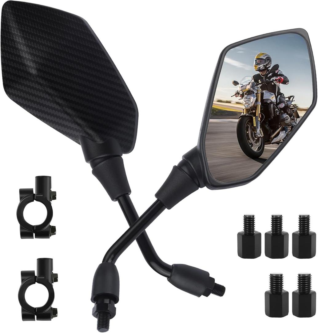 2PCS Motorcycle Mirrors,360 Adjustable Motorcycle Side Mirrors with 8mm & 10mm Bolt,HD Motorcycle Mirrors for Handlebars Wide Angle Rear View Mirror Fits Scooter,Dirt Bike,ATV (Carbon Fiber)