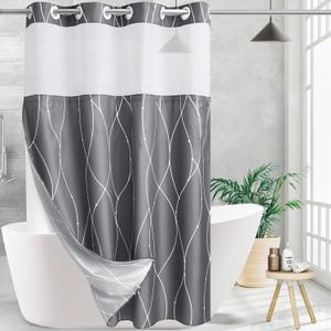 Grey White Striped Fabric Shower Curtain with Snap in Removable Liner for Bathroom Bathtubs,Hotel Shower Curtain and Liner Set with See Through Mesh Top Window,Machine Washable (54"W X 74"H)