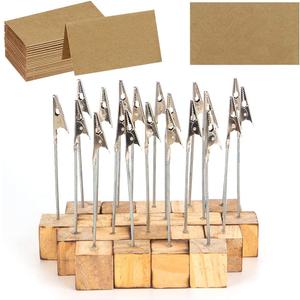20 Pcs Wood Place Card Holders and 30 Pcs Kraft Place Cards, Photo Holders for Table, Rustic Wood Table Picture Number Holder Stand with Memo Clips for Wedding Party Name Sign