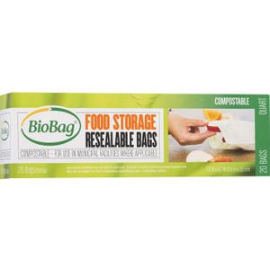 BioBag 100% Certified Compostable Resealable Food Storage Bags, 20 Count, Quart, Perfect for Refrigerator