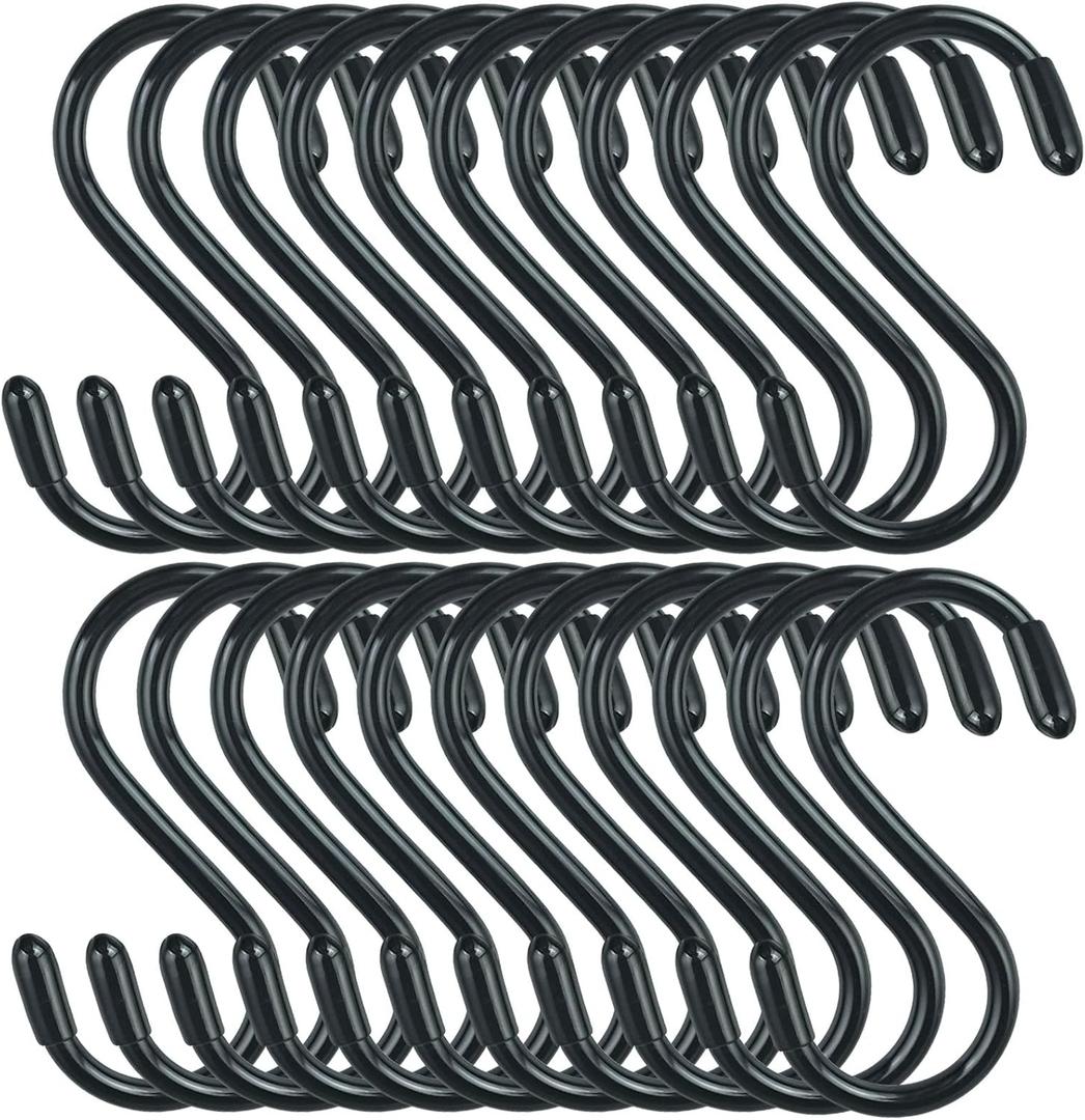 30 Pack Vinyl Coated Heavy Duty S Hooks for Hanging Plants, Clothes, Non Slip Steel Metal Black Rubber Coated Closet S Hooks for Hanging Jeans, Jewelry, Pot, Pan