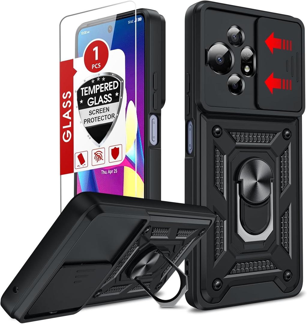 LeYi for TCL 50 XL-5G Phone Case: with Slide Camera Cover + Glass Screen Protector, Military-Grade Cell Shockproof Unlocked Cell Cover with Metal Ring Magnetic Kickstand Funda para TCL 50 XL, Black