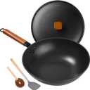 12.9" Nonstick Wok - Wok Pan with Lid, Carbon Steel Woks & Stir-Fry Pans: Flat Bottom Chinese woks for Electric, Induction, Gas, All Stoves