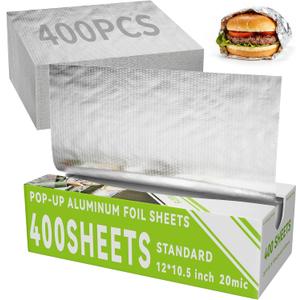 Aluminum Foil Sheets, 400 Count Tin foil, 12" x 10.6" Pre-Cut Pop-Up Dispenser for Food Wrap, Hot Dog or Sandwich Wrap, Food Storage, Baking, Catering, Restaurant, Kitchen Use (Silver, 12 Inch)