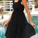 PRETTYGARDEN Womens 2025 Trendy Mini Summer Dresses Sleeveless Tulle Ruffle Square Neck Tiered Smocked Beach Vacation Dress (Black, S)