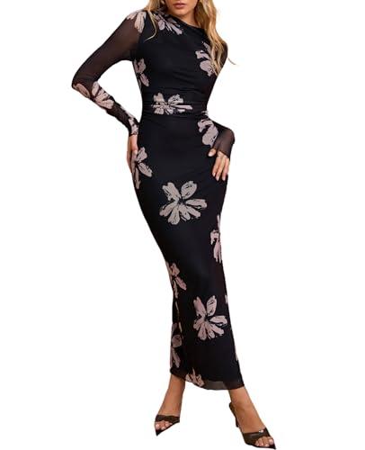 XinFSh Women's Spring Long Sleeve Wedding Guest Maxi Dress Mesh Ruched Bodycon Formal Cocktail Dresses. Size Medium