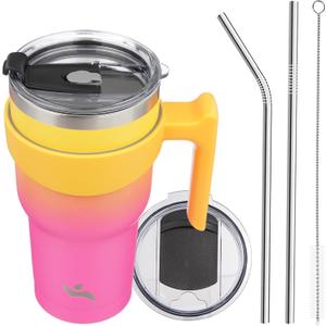 30 oz Tumbler with Handle and 2 Straw 2 Lid, Insulated Water Bottle Stainless Steel Vacuum Cup Reusable Travel Mug,Rainbow