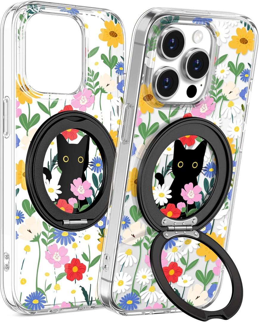 Loheckle for iPhone 15 Pro Case with Stand- Compatible with MagSafe Women Girls Cute Clear Girly Aesthetic Unique Design Soft TPU Magnetic Ring Phone Cover for Apple 15 Pro, Cat Flower