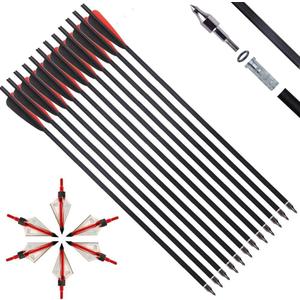 IRQ 20 Inch Carbon Crossbow Bolt and Crossbow Broadheads Set, 12 Pcs Hunting Carbon Arrows for Crossbow with 3 Blade Broadheads 6 Pcs for Archery Practise Hunting Crossbow Arrows (Black and red)
