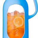 Delove 68 oz/2 Liter Glass Pitcher with Shatterproof Shell - Heat Resistant Glass Liner - Stainless Steel Lid - Carafe & Jug for Iced Tea,Hot/Cold Water,Homemade Juice Beverages (Blue)
