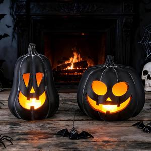 Tioncy 2 Pack Terracotta Pumpkin Decoration Handmade Brown Clay Pumpkin Jack-o-Lantern Halloween Tealight Holder Rustic Farmhouse Fall Home Decor for Table Porch Mantel Indoor Centerpieces (Black)