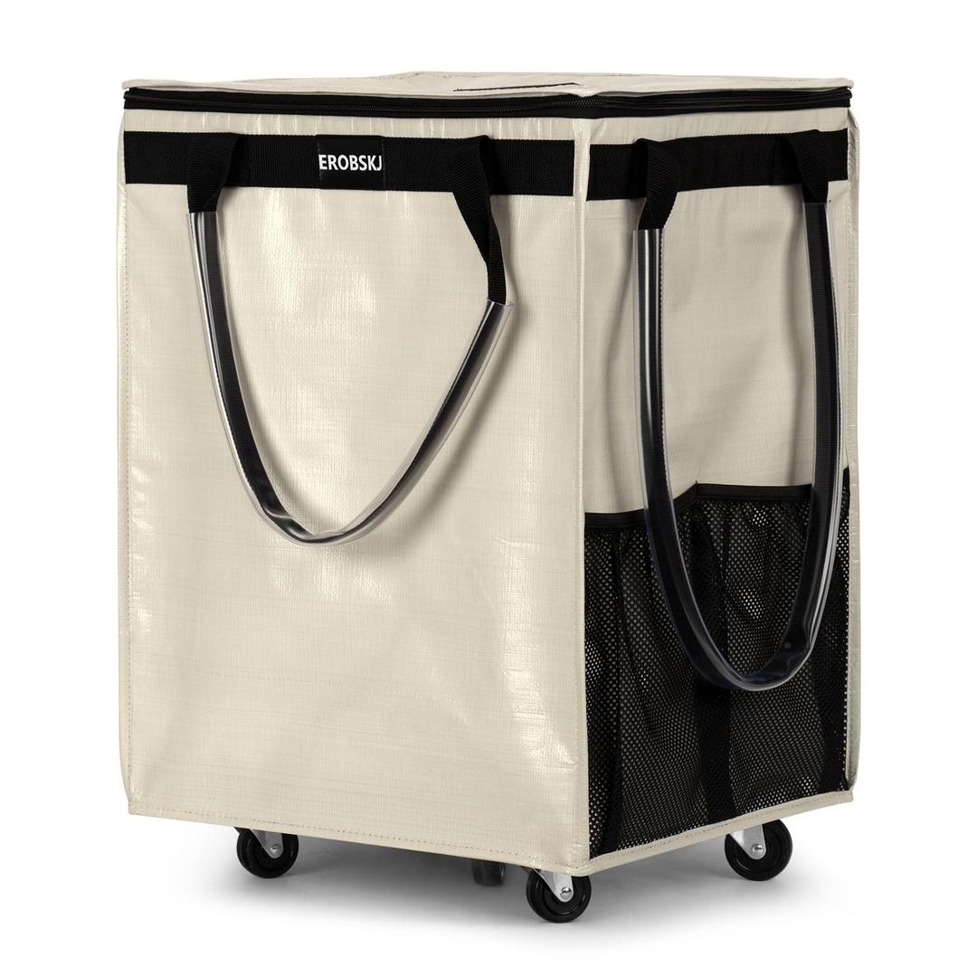 Reusable Grocery Bag on Wheels, Foldable Rolling Tote,76 lbs Capacity Shopping Trolley,Zipper Clouser Shopping Bag with Wheels for Trips, Laundry, Rolling Bags With Wheels and Handle（Large,Beige）