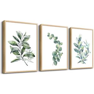 Framed Canvas Wall Art For Living Room Wall Decor For Bedroom Green Leaves Plants Watercolor Painting Office Wall Pictures Kitchen Wall Decorations Bathroom Decor Set Of 3 Piece Framed Art Prints