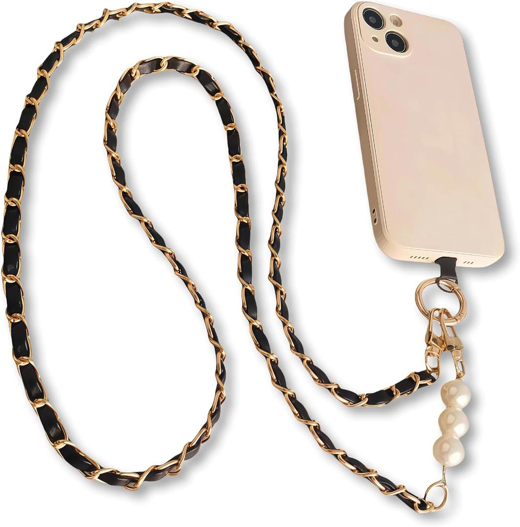 Fashion Black Pearl Cell Phone with Lanyard Pearl Clip Design,Beach Vacation Essentials,Fashionable Cell Phone Chain and Purse Straps Replacement Crossbody