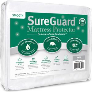 SureGuard Twin Size Mattress Protector - 100% Waterproof, Hypoallergenic - Premium Fitted Cotton Cover - Smooth