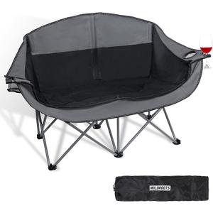 WILDROOTS Outdoor Folding Double Camping Chair Adults 2 Person,Heavy Duty 600 LBS Loveseat with 2 Cup Holder,Portable Carry Bag Included for Camping,Lawn,Backyard,Movie (Black)
