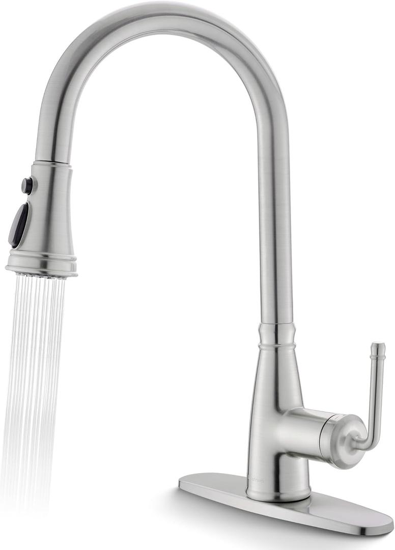Kitchen Faucet with Pull Down Sprayer, 17 inch Brushed Nickel Antique Single Handle Pull Out Kitchen Sink Faucet with Deck Plate for Classic Modern Ktichen