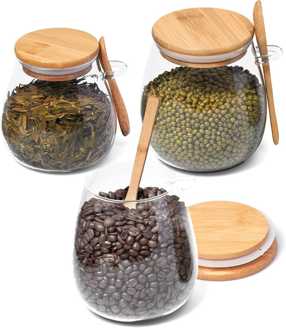 WHOLE HOUSEWARES Glass Jar with Bamboo Lid and Spoon Set of 3-11.83oz, 20.28oz, 33.81oz Capacity - Airtight Food Storage Jars, Apothecary Jars, Cookie Jar - Ideal for Elegant Kitchen Organization