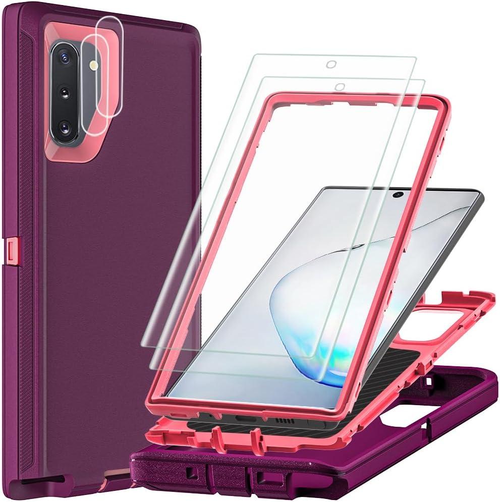 for Samsung Galaxy Note 10 Case with 2Pcs Self Healing Flexible TPU Screen Protector & Camera Lens Protector, 3 in 1 Heavy Duty Shockproof/Drop Proof/Dust Proof Case (Wine Red/Rose Pink)