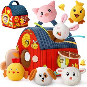Dr.BeTree Baby Toys 6-12 Months Plush Barn with Stuffed Farm Animals Crinkle, Rattle & Mirror Montessori Toys Developmental Sensory Toys for 6 Month Old Boys Girls Babies & Toddlers