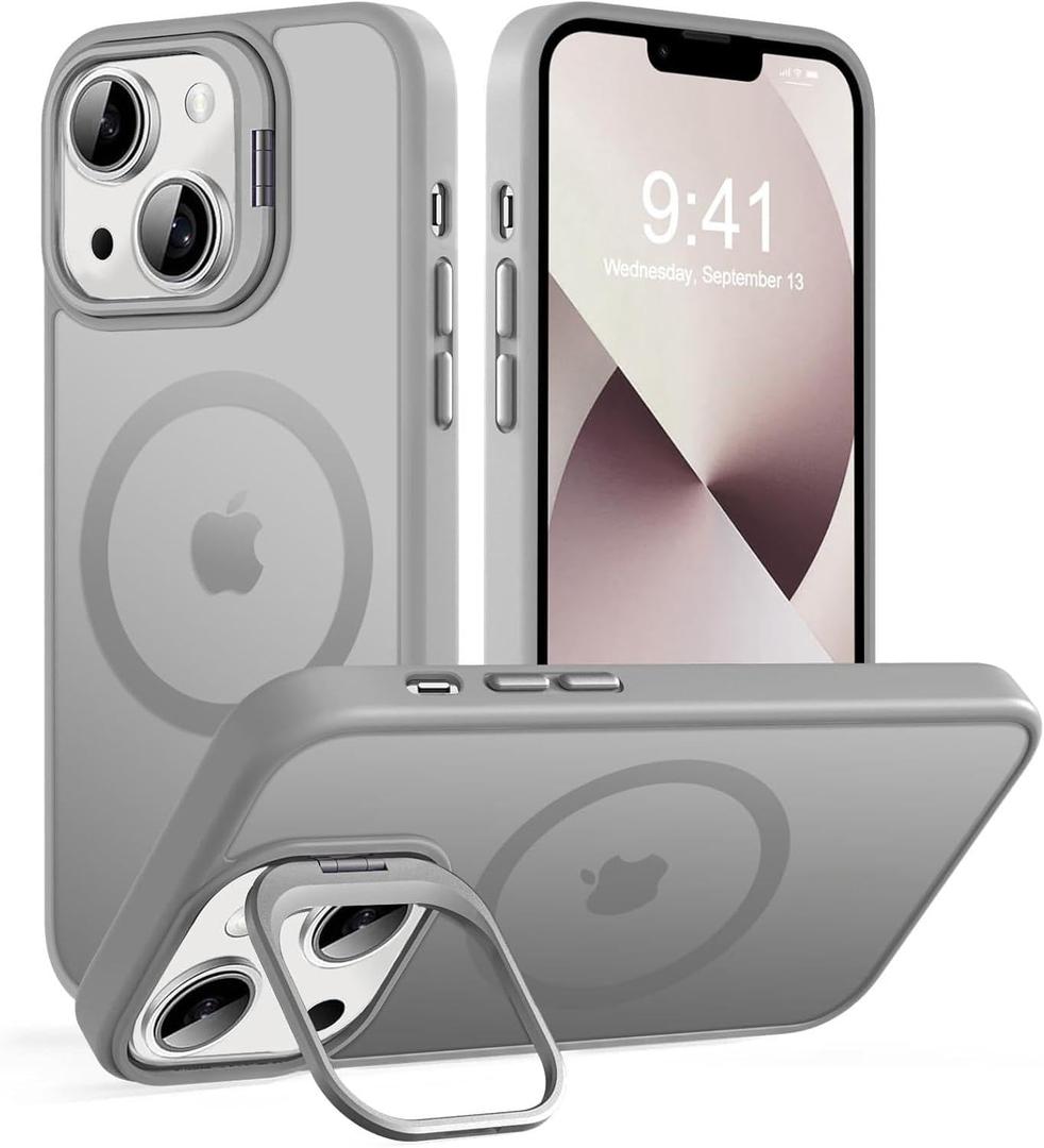 DEERLAMN for iPhone 14/iPhone 13 Case with Stand,[Compatible with Magsafe][Built-in Camera Bracket] Shockproof Drop Protection Slim Translucent Matte Phone Cover for Women Men-Grey