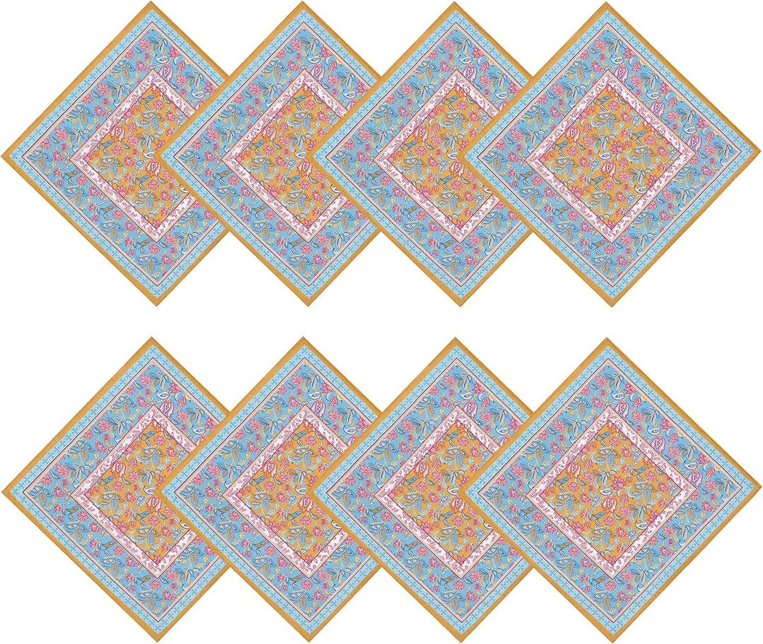 Home Bargains Plus Belle Fleur Paisley Provence Bordered Country French Fabric Napkins, Stain and Water Resistant, Wrinkle Free Floral Tablecloth, Wrinkle Free Napkins, Set of 8 Napkins