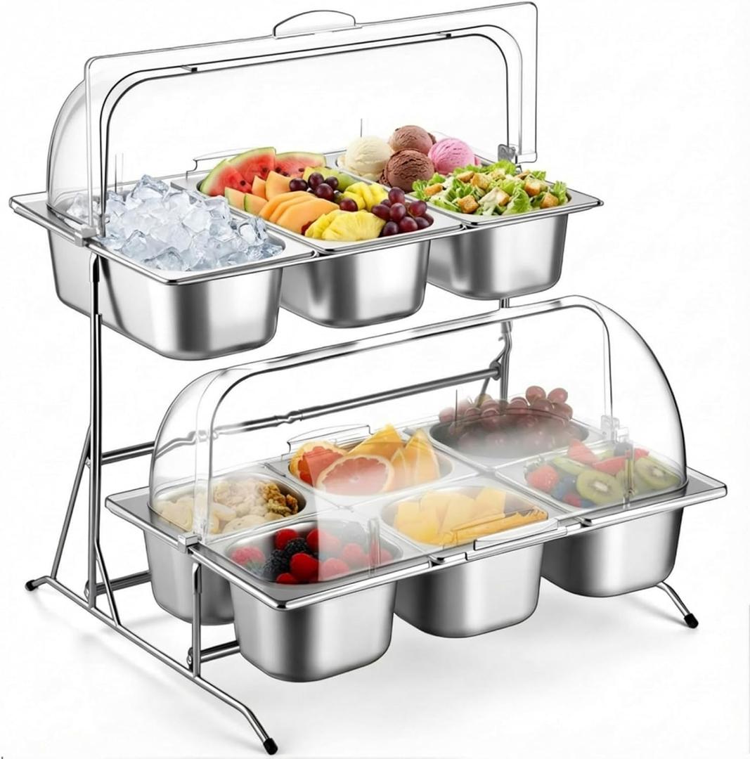 Lallisa 2 Tiered Ice Food Serving Tray Countertop Food Serving Display Container for Buffet Restaurant Party, with Clear Roll Top Cover 6+3 Pan Buffet Condiment Dispenser