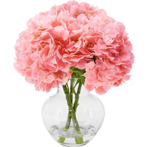 Light Pink Hydrangea Artificial Flowers with Glass Vase, Real Touch Faux Hydrangea Arrangement with Faux Water, Ready-to-Display Table Centerpiece for Bathroom, Shelf, Home Dcor
