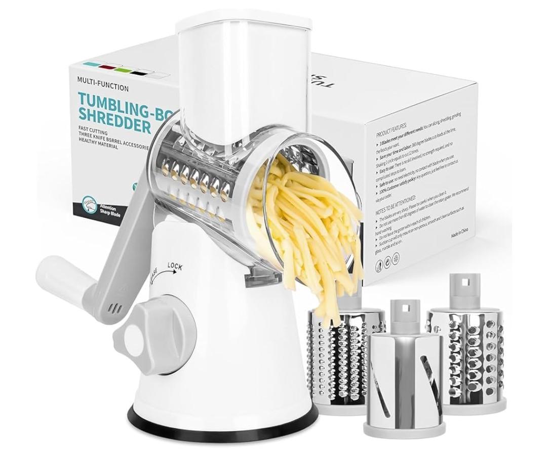 X Home Rotary Cheese Grater for Kitchen, Shredder with 3 Interchangeable Blades, Rotary Grater with Handle and Strong Suction Base, for Vegetables, Fruit, Nuts, Easy to Use and Clean, White