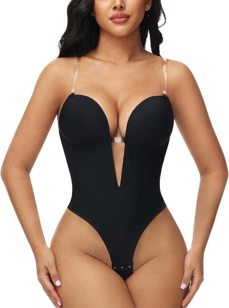 SHAPSHE Backless Shapewear Strapless Deep V Bodysuit for Women Short Torso Tummy Control Built In Bra Body Shaper (X-Large, Black)