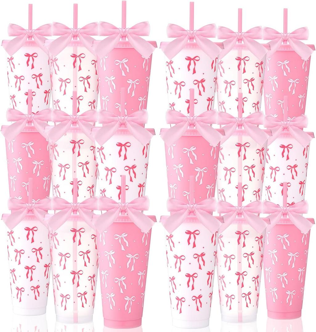 Skylety 24 Pcs Pink Bow Plastic Cups with Lid Straw and Ribbon Set, 24 oz Pink Bow Coquette Party Decorations Reusable Drinking Cups for Birthday Wedding Baby Shower Bridal Party