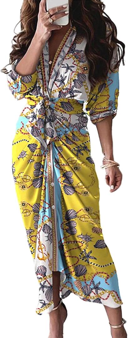 FYEARFOX Women's Button Down Shirt Dress Ruched Split Maxi Dresses Long Sleeve Wrap V Neck Tie Waist Party Clubwear (XX-Large, 5)