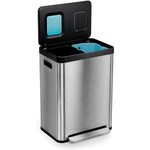 Home Zone Living 19 Gallon Kitchen Trash Can with Dual Compartments | Stainless Steel with CleanAura Odor Control, Soft-Close Step Pedal Lid and Recycling Flap for Quick Disposal, Silver
