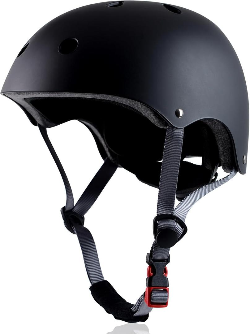 Skateboard Bike Helmet, Lightweight Adjustable, Multi-Sport for Bicycle Skate Scooter, 3 Sizes for Adult Youth & Kids (Small: 48-54 cm / 18.9"-21.3", Matte Black)