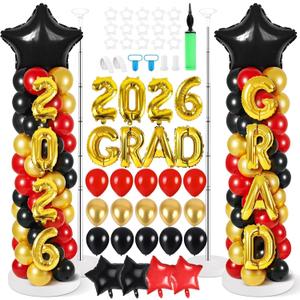 2 Sets Graduation Balloon Column Stand Kit with Balloons Prom Send off 2026 Grad Prom Themed Decor Black Red Balloon Tower Stand for Floor Grad School & College Celebration Party Supplies