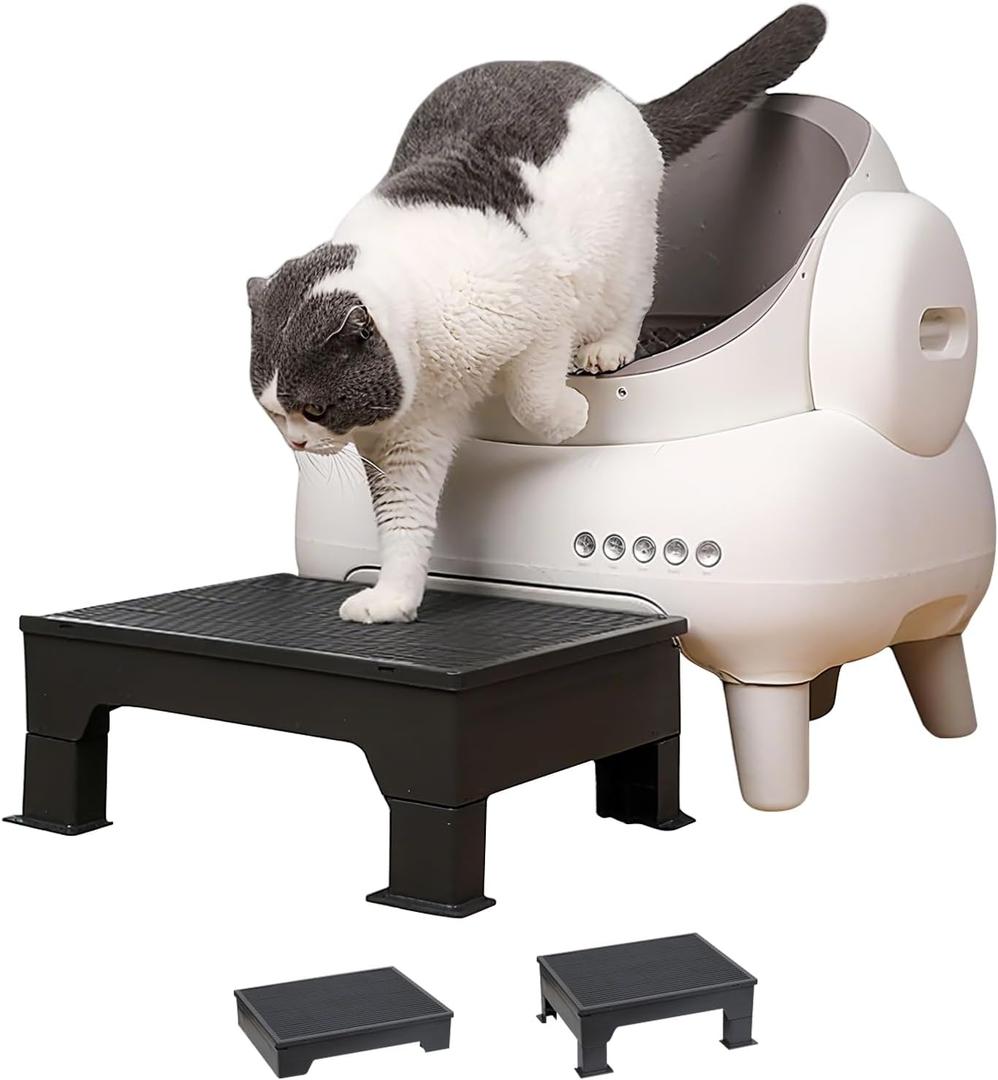 PAKEWAY Cat Ramp for Litter Box  Adjustable Elevated Cat Step for Senior Cats, Kittens & Small Pets  Fits Automatic & High-Sided Litter Boxes  Non-Slip, Easy to Clean Litter Box Ramp (Black)