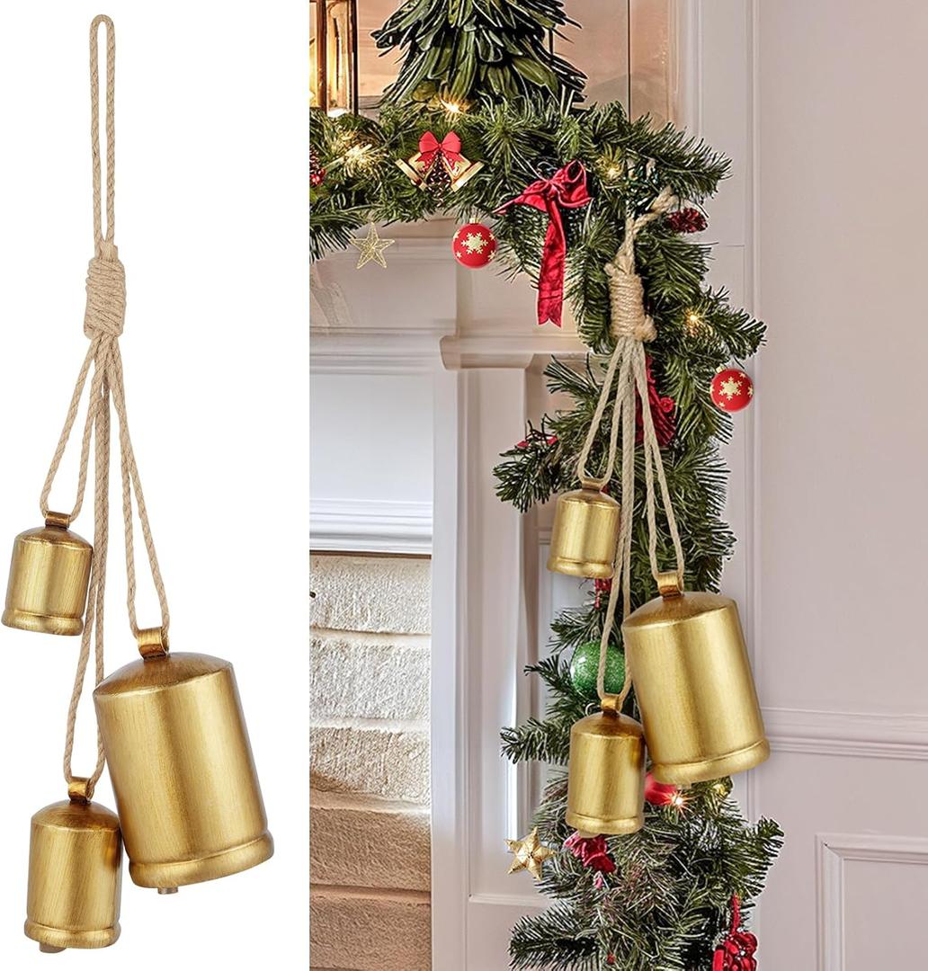 Minetom Set of 3 Christmas Bells, Decoraitve Brass Bells with Jute Hanging Rope for Christmas Decor Wreath Garland Tree Doors Windows Rustic Home Decor, Vintage Iron Bells