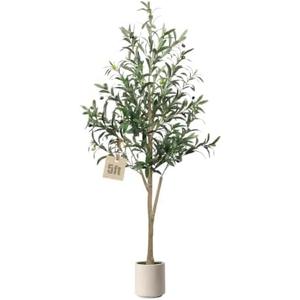 5FT Olive Trees Artificial Indoor, Faux Olive Tree with White Planter | Colored olives,Realistic Natural Wood Trunk, Lifelike Leaves, Fake Olive Tree for Home Office Living Room Decor Gift