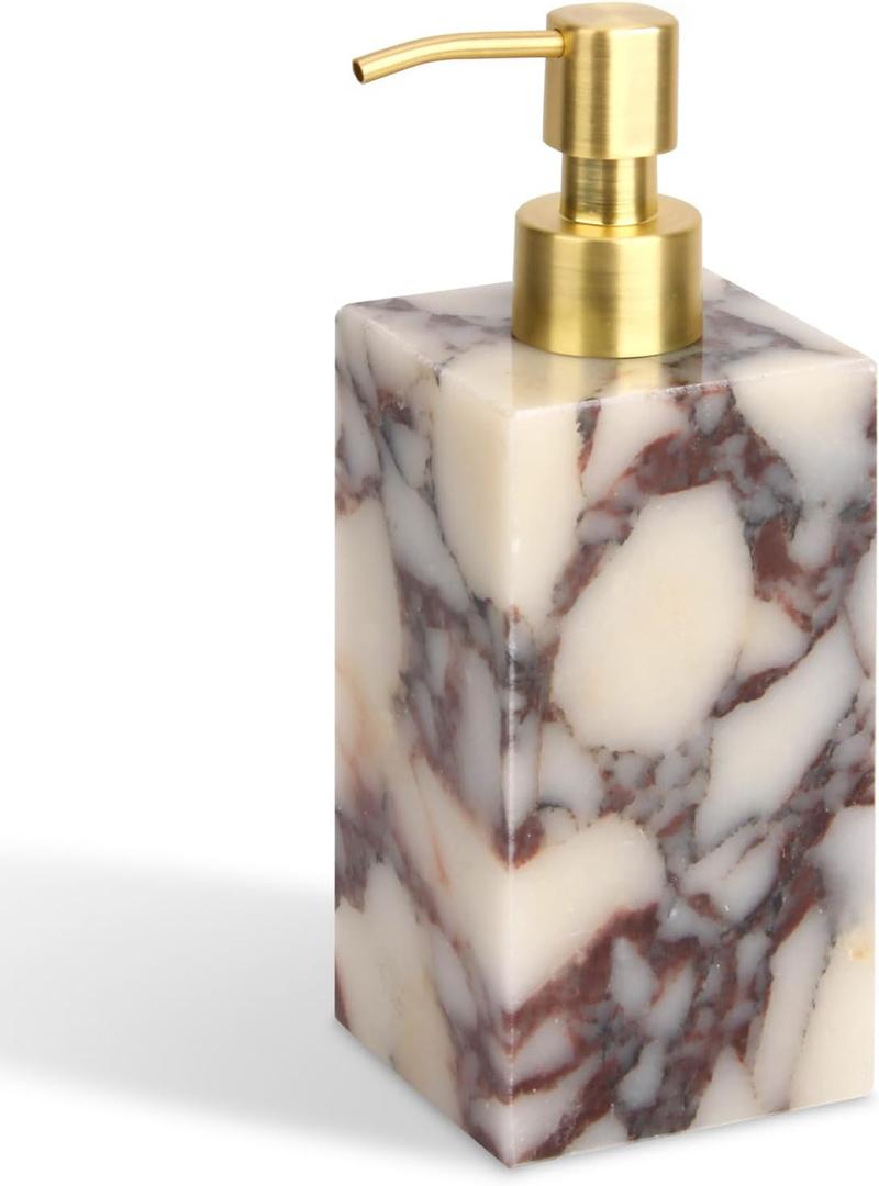 Natural Marble Soap Dispenser for Bathroom and Kitchen Countertop - 5.41 Ounces Hand Lotion and Liquid Stone Shampoo Laundry Bottle with Pump (1, Calacatta Viola, 5.52)