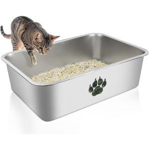 PTLOM Stainless Steel Cat Litter Box, Large Metal Litter Box, Splashproof and Non-Stick Coating, Cat Litter Box for Large and Small Cats, Rabbits, Tabby Leg , 24x8 In