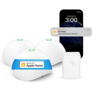 Meross Smart Water Sensor Alarm 3 Pack, WiFi Water Leak Detector Support Apple HomeKit, SmartThings, IP67 Waterproof with App Alerts, Alarm, 100M Range for Home Basement Kitchen (Meross Hub Included)