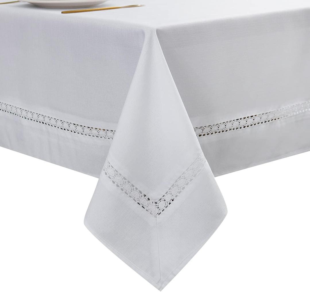 EHouseHome Fabric Table Cloth of Textile with White Lace-Waterproof/Wrinkle Free/Stain Resistant/Oil Proof-for Dining,Indoor&Outdoor,Wedding,Holiday,White,Rectangle 60x144Inch