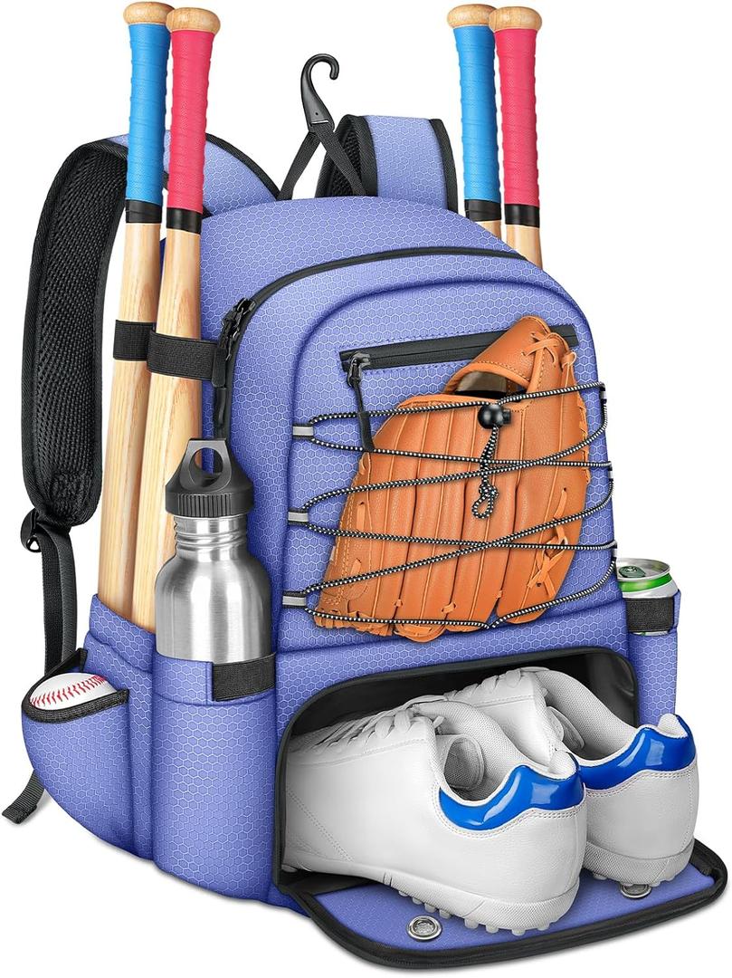 MATEIN Baseball Bat Bag for 4 Bats with Ball Pocket, Lightweight Youth Baseball Backpack with Shoe Compartment, Large Capacity Softball Equipment Bag with Fence Hook for TBall Gear, Helmet, Glove