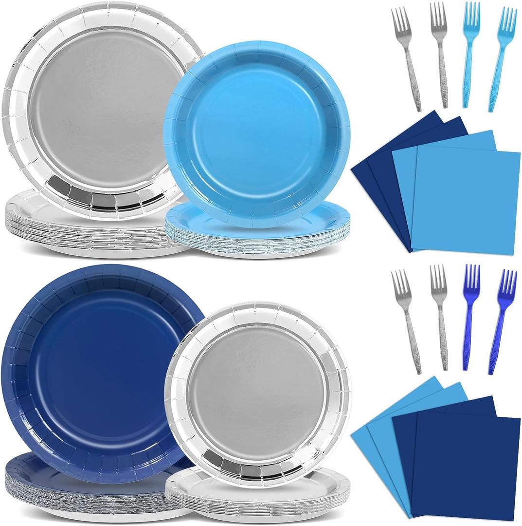 96Pcs Navy Blue and Silver Birthday Party Decorations Blue and Silver Paper Plates and Napkins Sets Navy Tablewares Dinnerwares for Men and Boys Birthday Baby Shower Party Supplies Favors 24 Guest