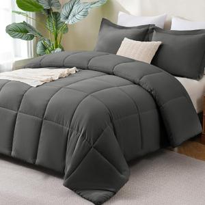 CozyLux King Size Comforter Set - Dark Grey Comforter King Size, 3 Pieces Box Stitched Bed Set for All Seasons, Soft Lightweight Bedding Sets with 1 Down Alternative Comforter and 2 Pillow Shams