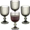 Vintage Wine Glasses Set of 6, 11 Ounces Colored Glass Water Goblets, Unique Embossed Pattern High Clear Stemmed Glassware Wedding Party Bar Glass Drinking Cups Fancy Glasses Vertical Line Grey (Gray)