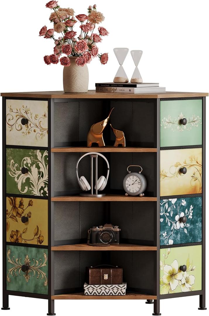 LUMTOK 8 Drawers Corner Dresser with Storage Fabric Drawers and Open Shelves for Small SpaceBedroomEntrywayLiving Room (Retro Pattern)
